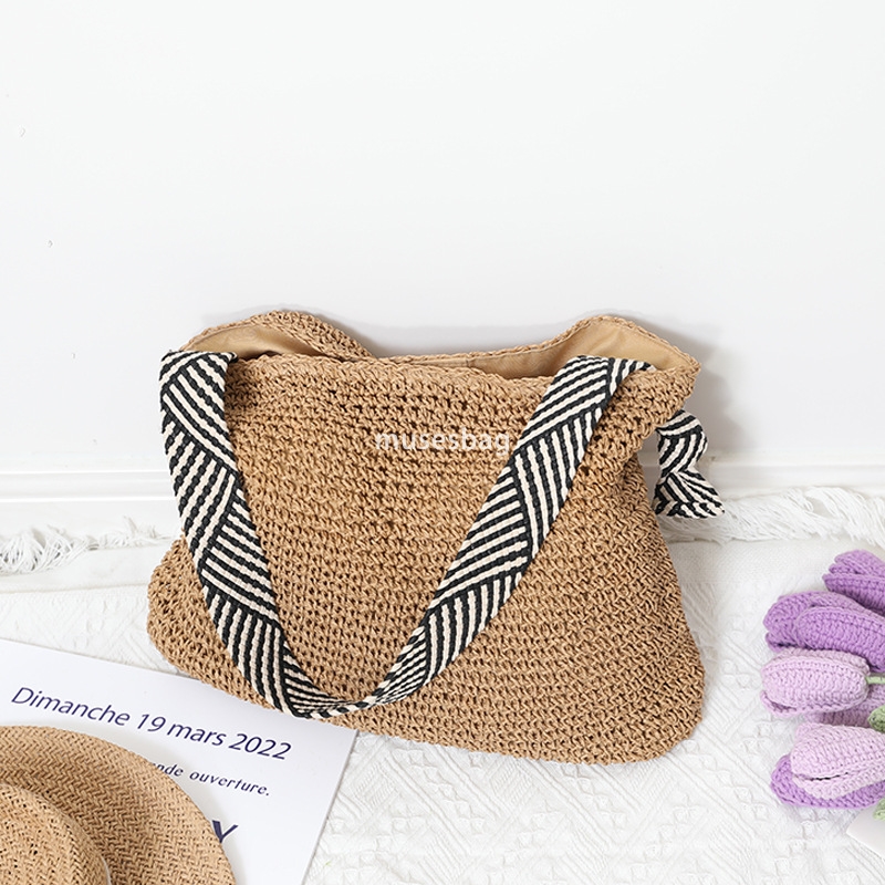 Designer Women's High Quality Retro Large Capacity Korean Wind Instagram Navy Wind Straw Woven Bag Handmade One Shoulder Practical Versatile Vaca