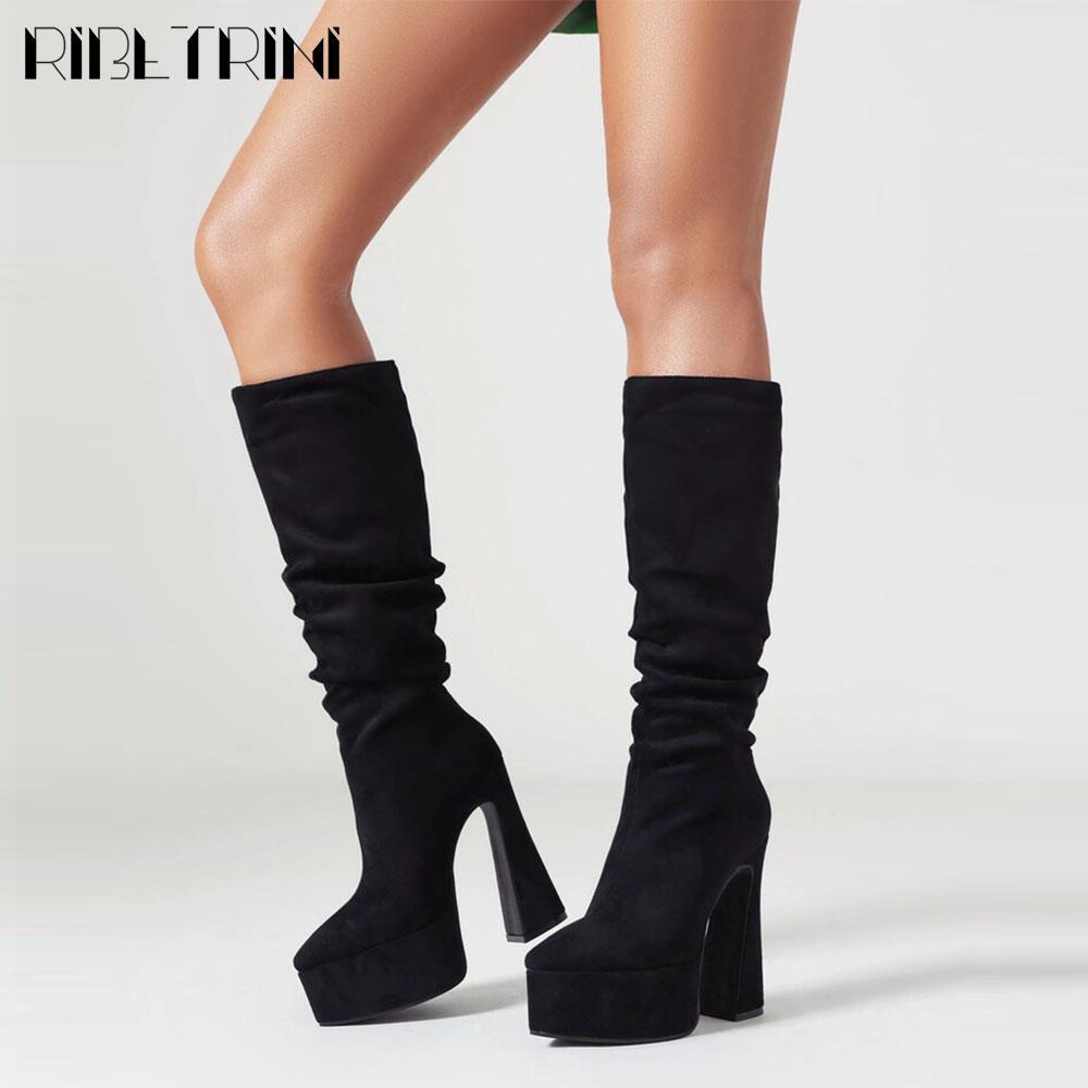 Flock Chunky High Heel For Woman Pull On Mid Calf Platform Shoes 2023 Winter Brown Office Lady Dress Design Boots