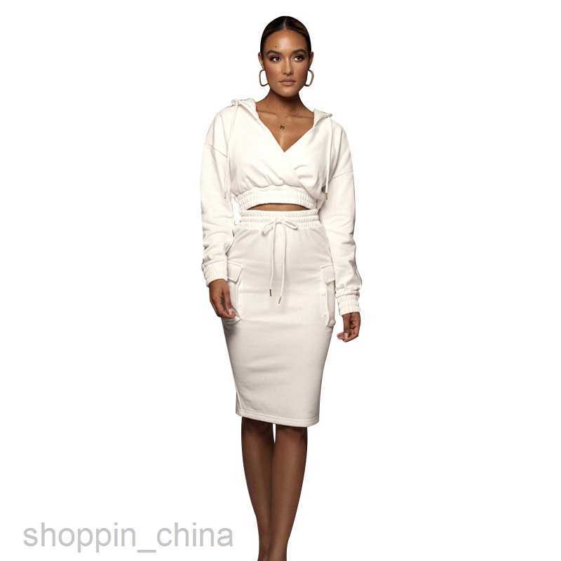 Two Piece Dress Sets autumn winter solid color V-neck hooded hip skirt women's urban leisure Long Sleeve Sweater Set