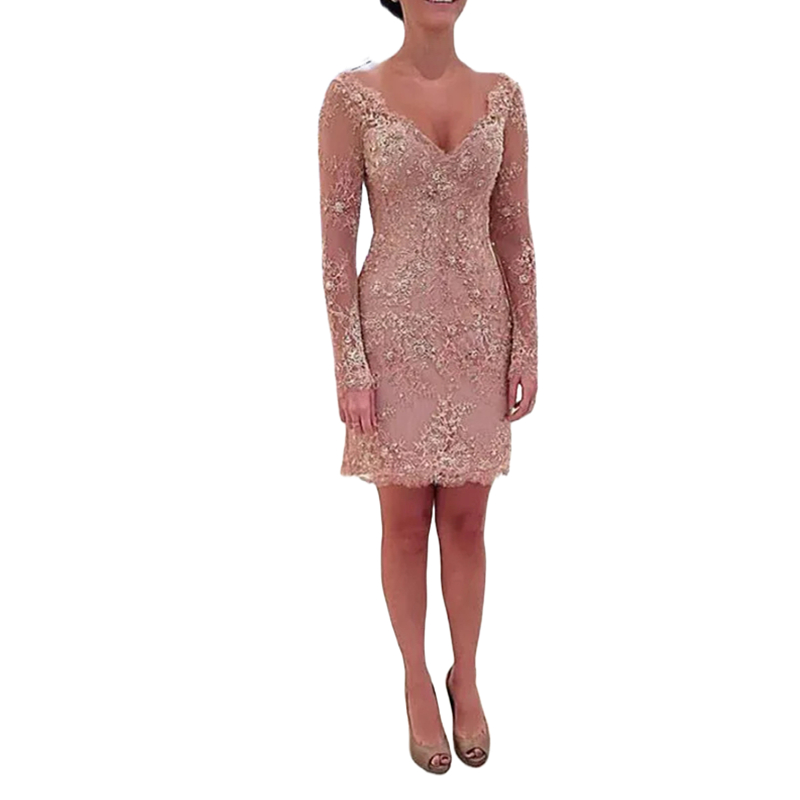Short Lace Sheath Prom Dresses With Detachable Skirt 2 In 1 Fashion Special Occasion Gowns Backless Long Sleeves Evening Formal Dress Dusty Pink