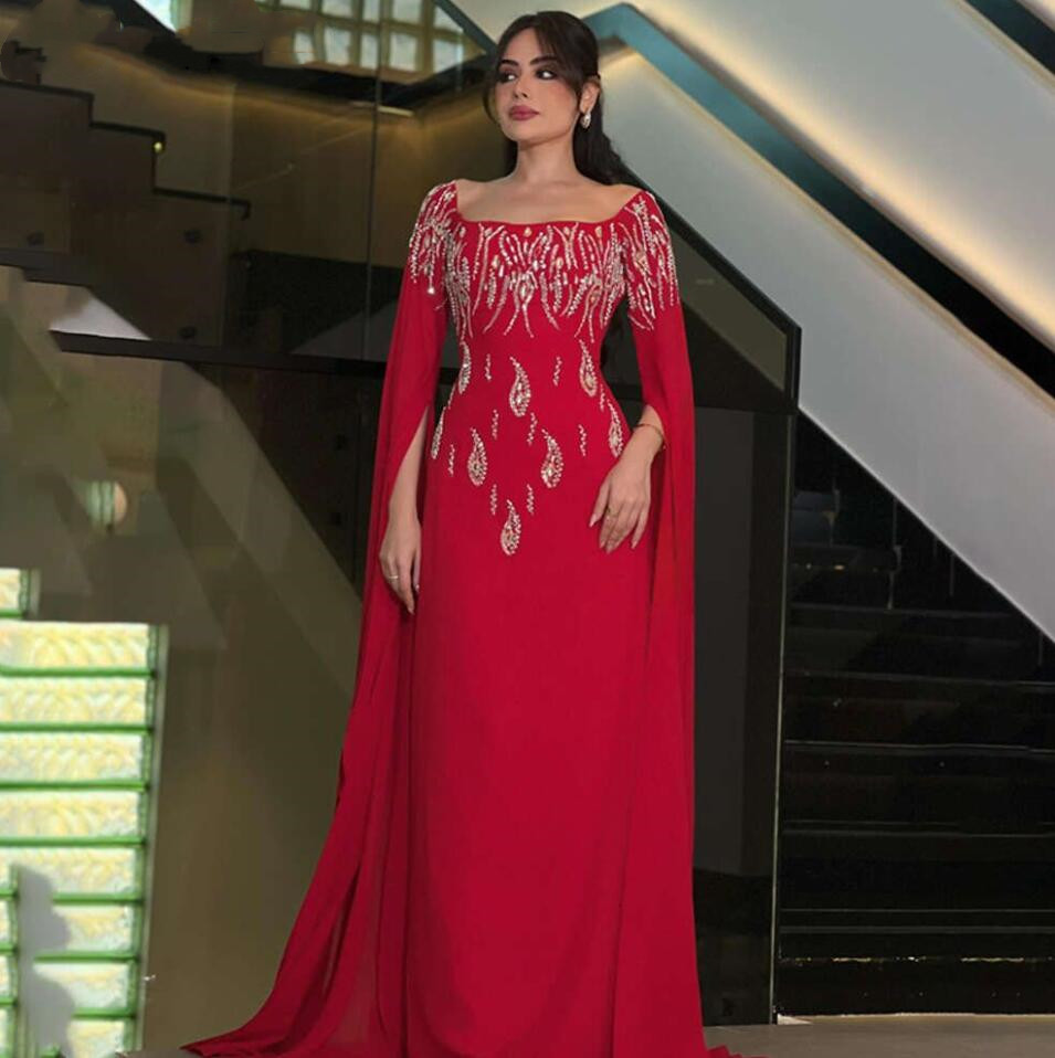Red Vintage Sexy Square Neck Prom Gowns Arabic Women's Beaded Crystal Party Evening Gown Or Length Formal Ocn Dress 0220