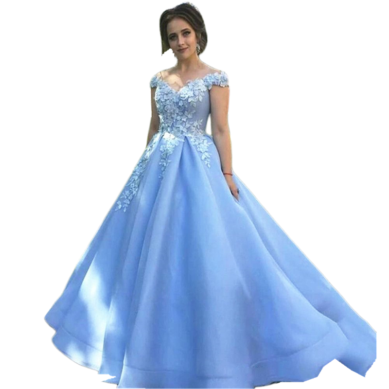 Elegant Light Sky Blue Prom Dresses A Line V Neck Off Shoulder Sleeveless Long Formal Evening Gowns Appliques Lace Floral Special Occasion Dress