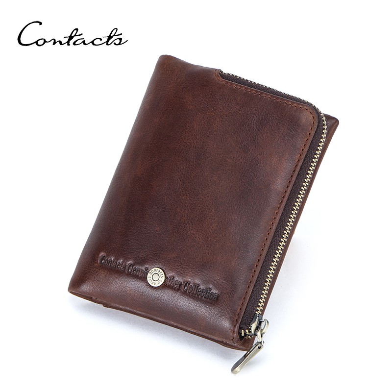 CONTACT'S Genuine Leather Wallets for Men Short Bifold Vintage Men's Wallet Luxury Brand Zip Coin Purses Card Holders Money Clip