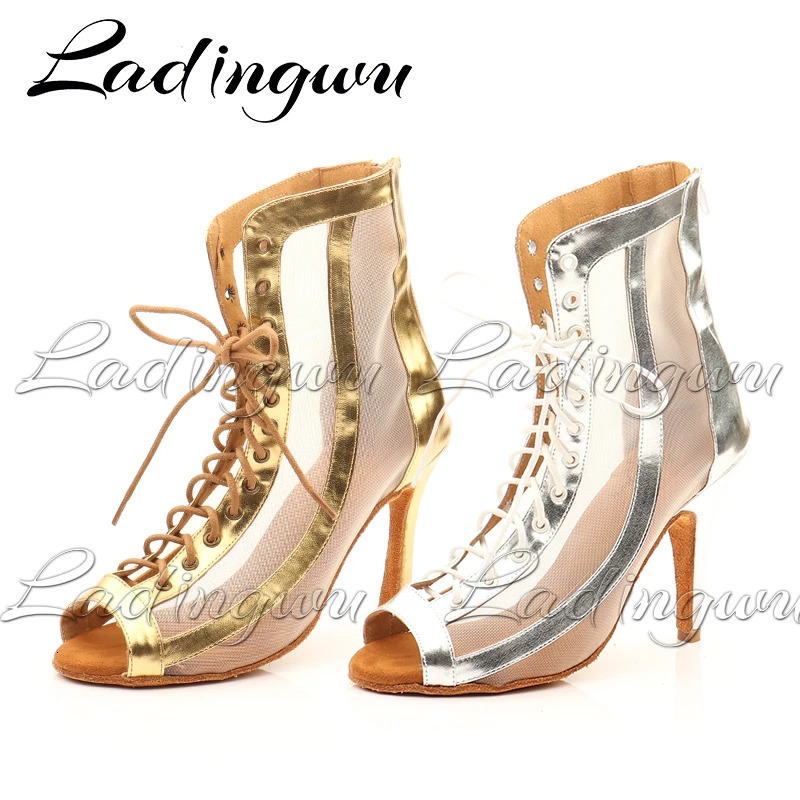 Ladingwu Women Ballroom Latin Dance Boots Lady's Salsa Professional Dancing Shoes Golden Silver PU Mesh Dance Sandals 240620