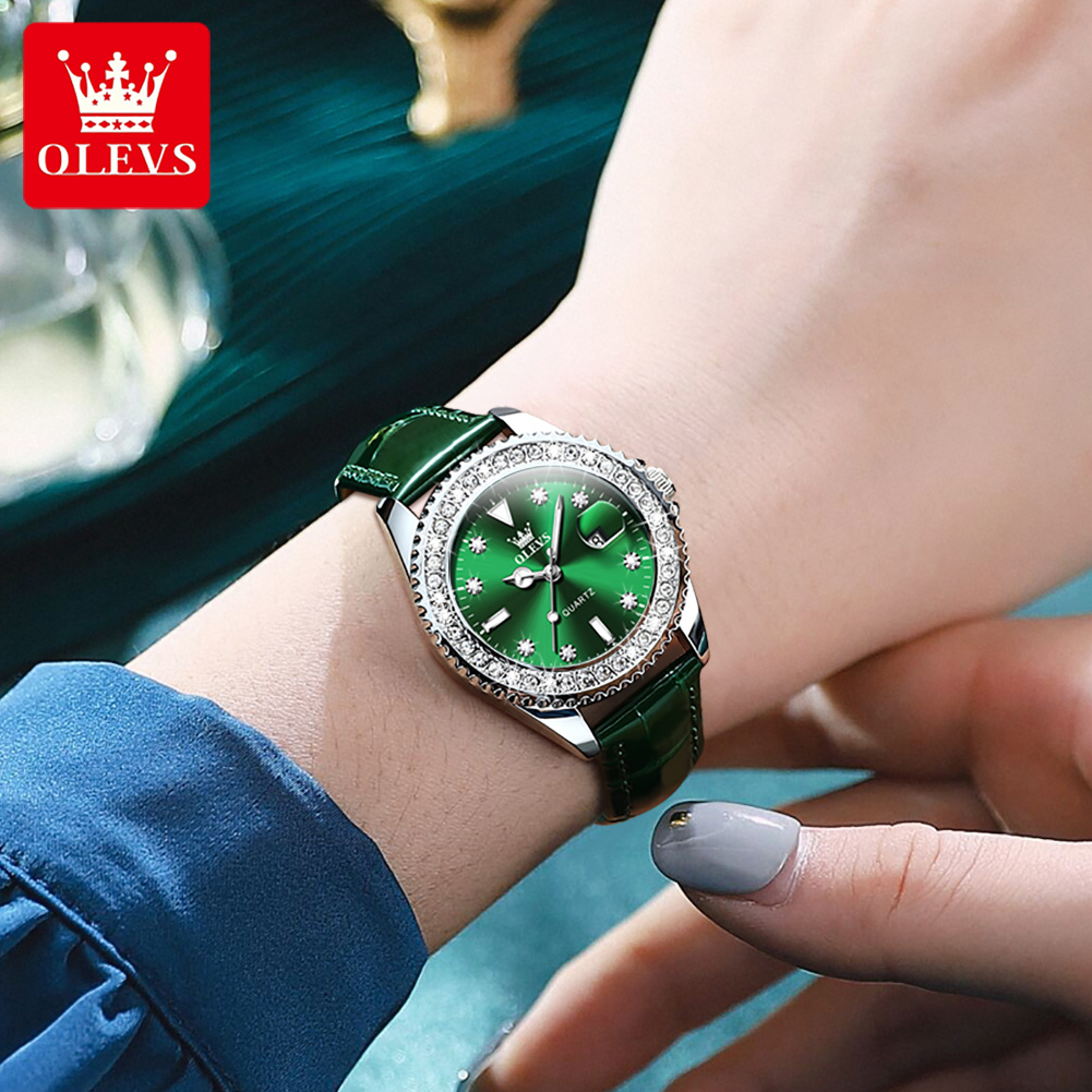 OLEVS Original Quartz Ladies Watch Luxury Diamonds Steel strip Leather strap Luminous Waterproof Diving Green Men's Quartz Watch