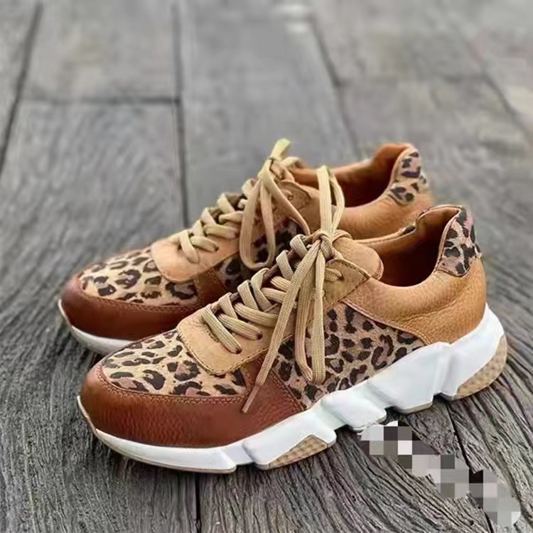 Platform Sneakers Women 2023 Round Toe Low-top Leopard Wedge Shoes Women's Lace Up Socofy Casual Sports Shoes