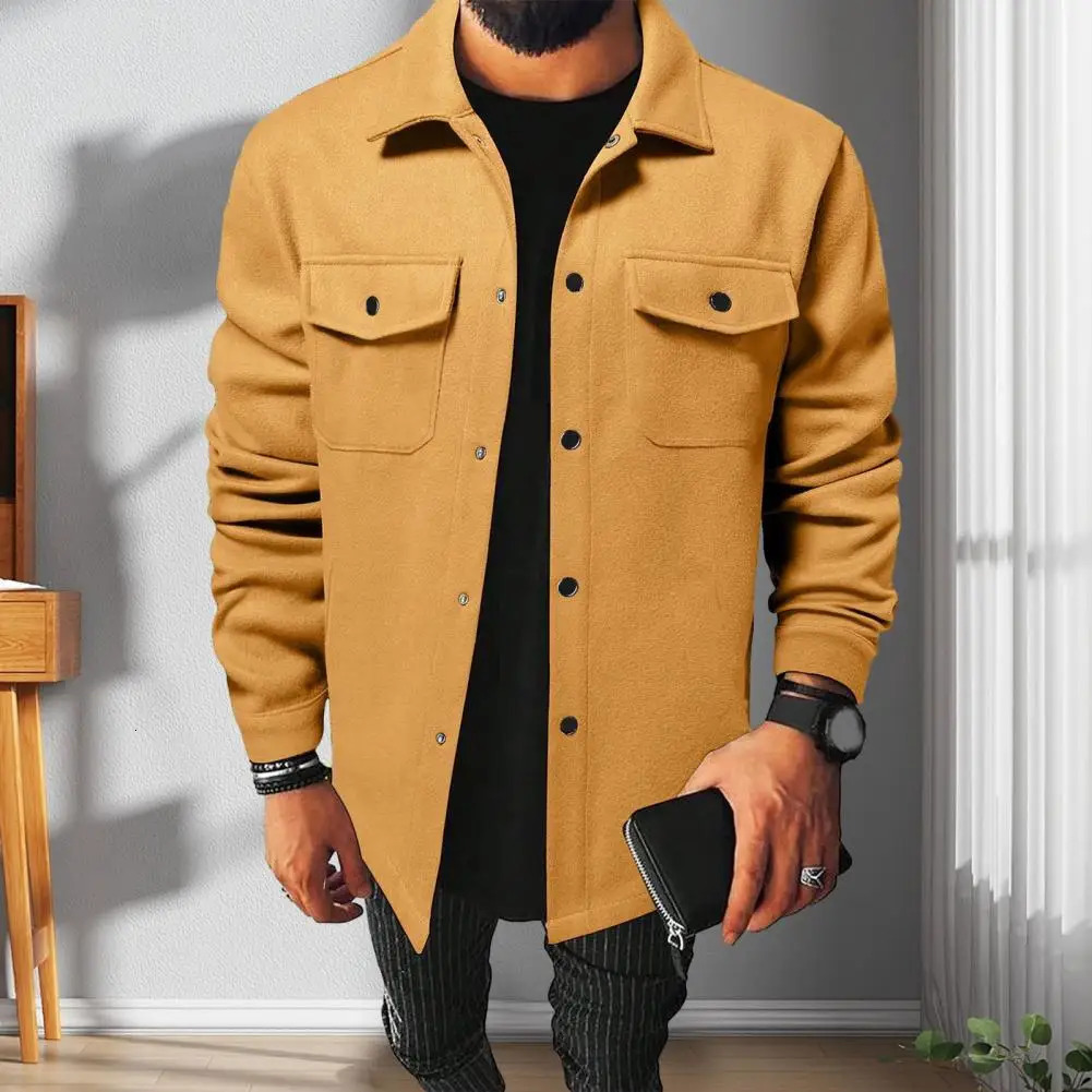 Men Button-down Mens Solid Color Lapel Shirt Jacket Autumn Winter Long Sleeve Casual Coat with Flap Pockets Single 240615