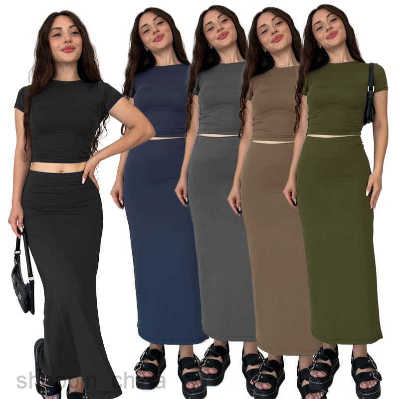 Two Piece Dress Sets Summer New Solid Color Round Neck Short sleeved Top Women Fashion Casual Long Dress Set