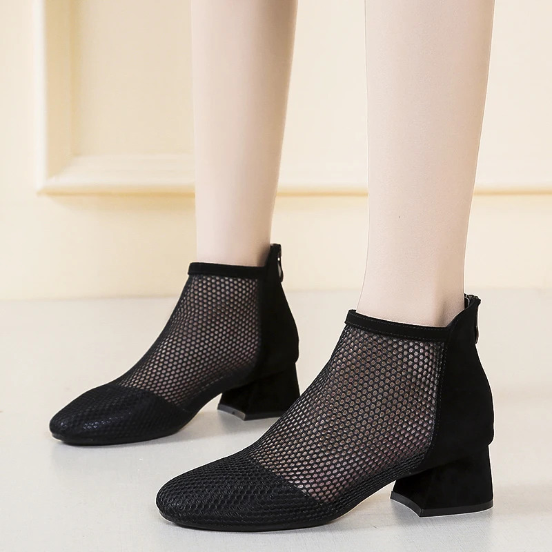 Nice Summer Pop Round Toe Hollow Mesh Breathable Back Zipper Sandals Feminine Comfortable Fashion High Heels for Women's 240620