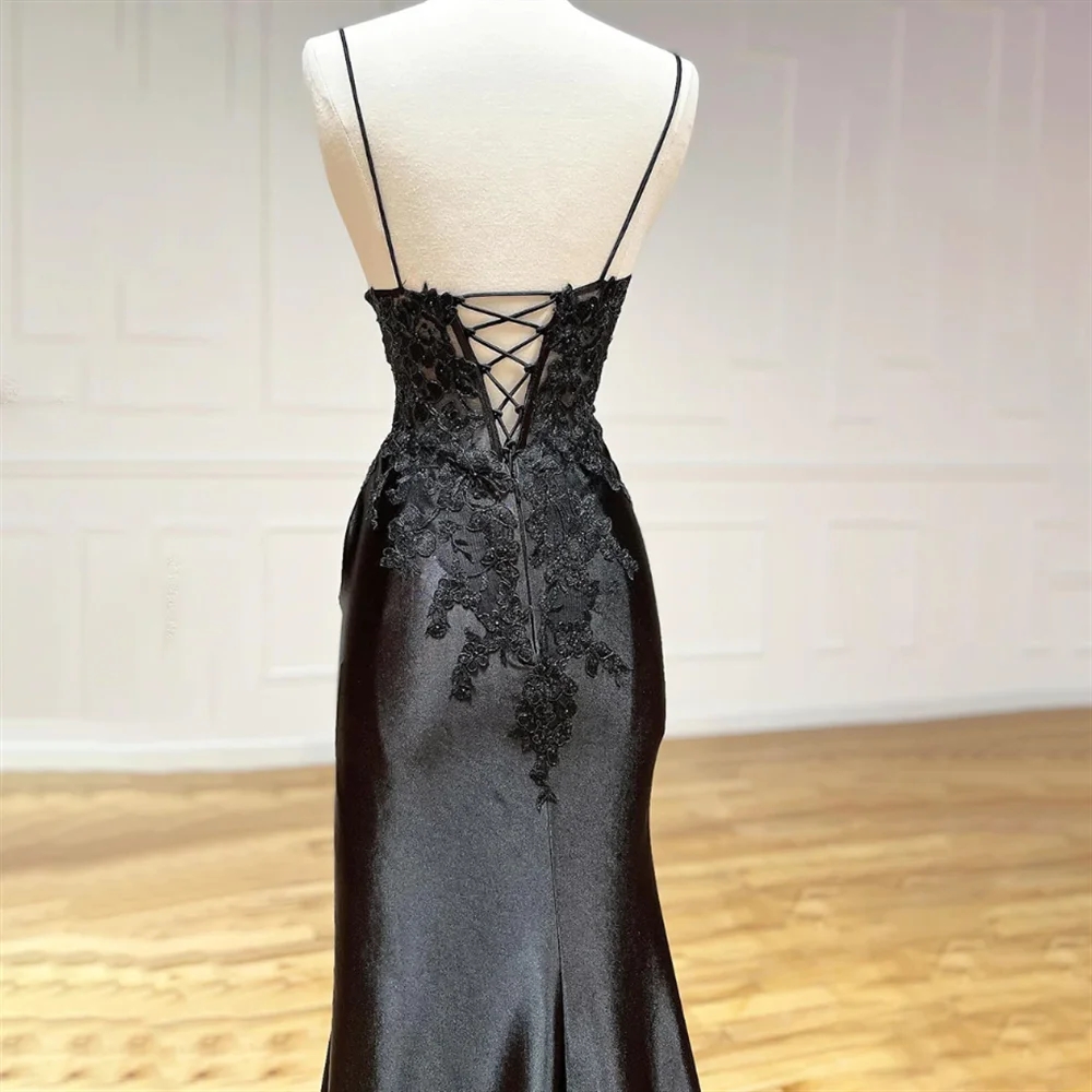 Sexy Black Silt Long Prom Dress 2024 Spaghetti Strap Appliques Lace Beads Satin Formal Party Gowns Evening Dresses Robe De Soriee Customed