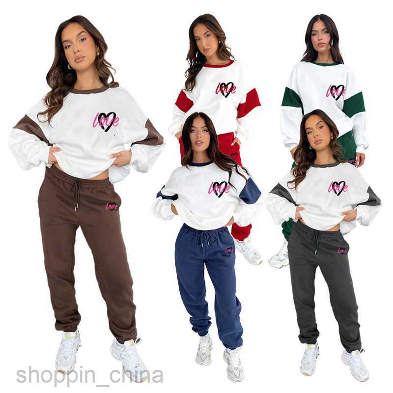 Women Tracksuits Fashionable solid color sports jogging suit Autumn/Winter New Peach Heart Print Color Block Sweater Women's Fashion Casual Pants