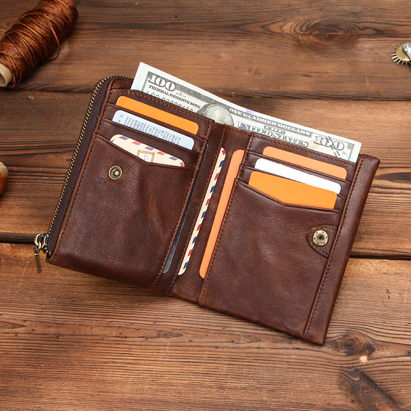 CONTACT'S Genuine Leather Wallets for Men Short Bifold Vintage Men's Wallet Luxury Brand Zip Coin Purses Card Holders Money Clip