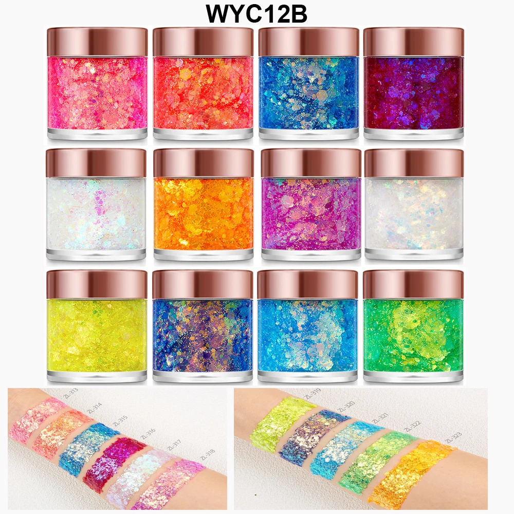 12 Color Holographic Sequin Gel Long Lasting Hair Eye Body Chunky Glitter Gel for Makeup 240620