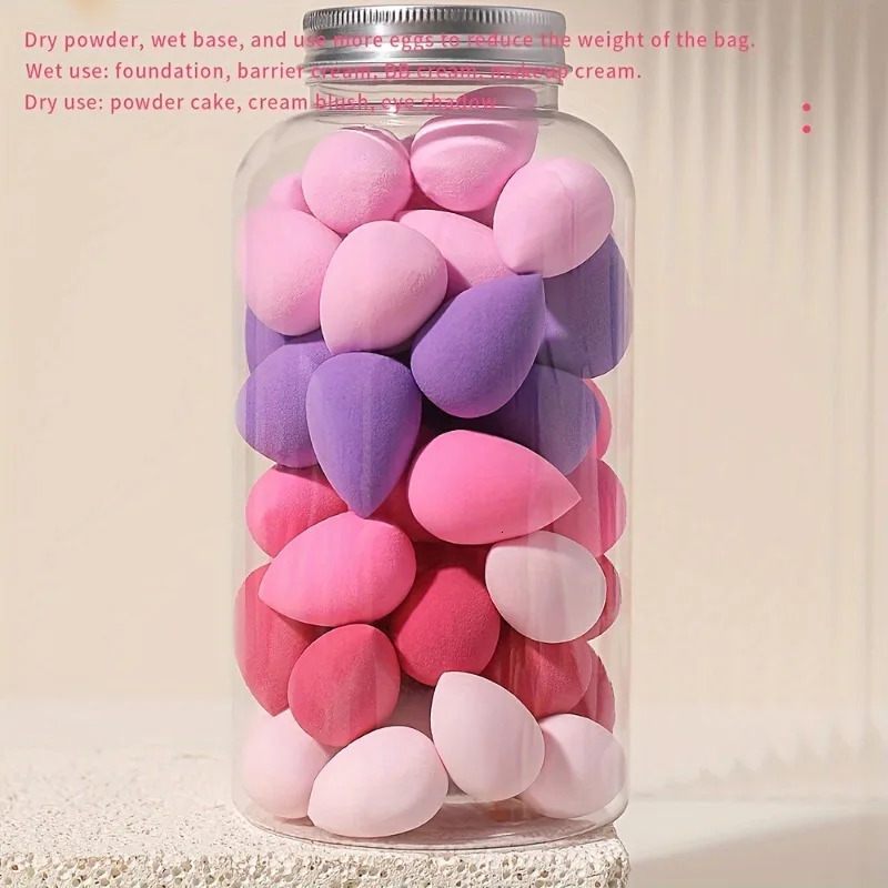 50PCS Mini Water Drop Makeup Sponge Multifunctional Beauty Egg Makeup Sponge 1pc Storage Bucket 240620