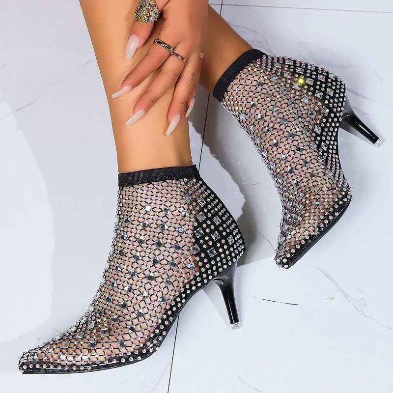 Women Hollow Out Full Sandals Rhinestone Mesh Summer Ankle Boots Pointed Toe Fashion Sexy Socks Cool Shoes Cowboy Spring Autumn 240620
