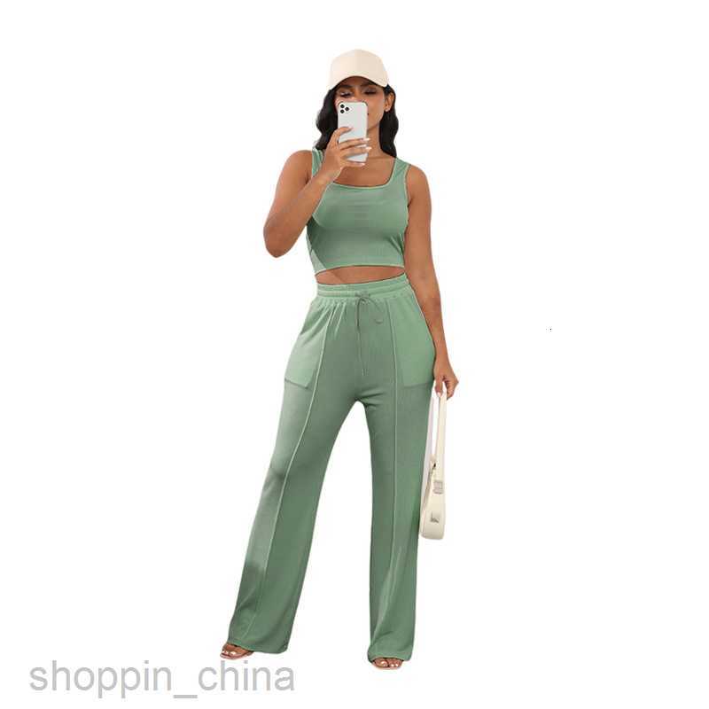 Women Tracksuits Fashion solid color sports jogging suit Summer New Thread Knitted Sleeveless Open Navel Top Women's Two piece High Waist Wide Le