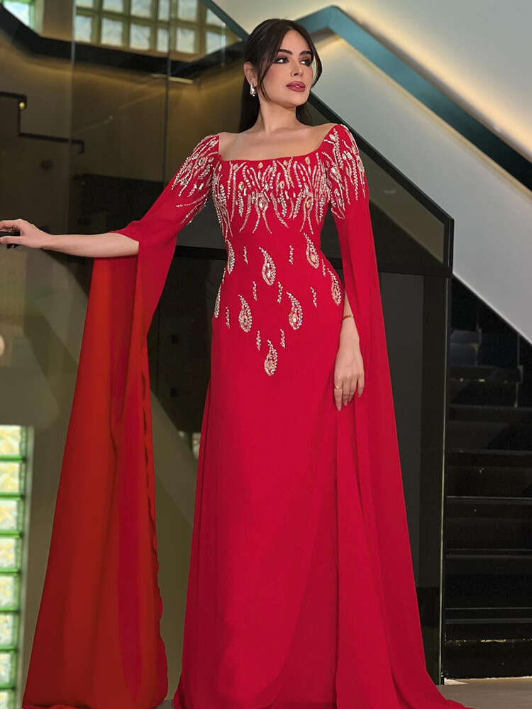 Red Vintage Sexy Square Neck Prom Gowns Arabic Women's Beaded Crystal Party Evening Gown Or Length Formal Ocn Dress 0220