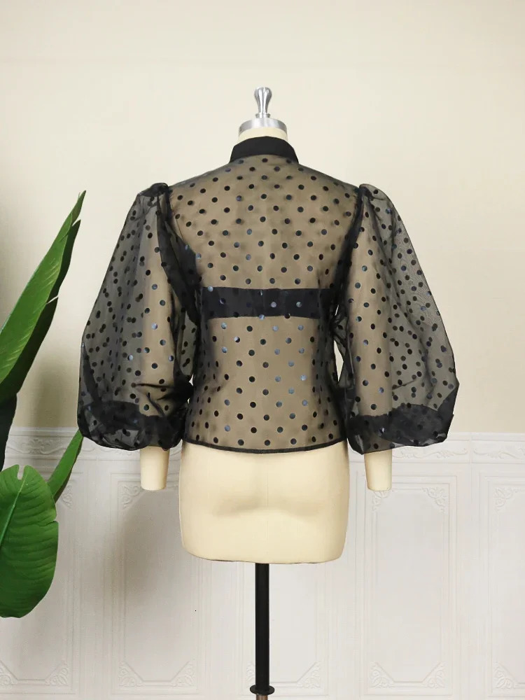 Women Black Tulle Blouses Polka Dots Print Button Down Long Lantern Sleeve Shirt Tops Elegant Classy Plus Size Trendy Club Wear 240617