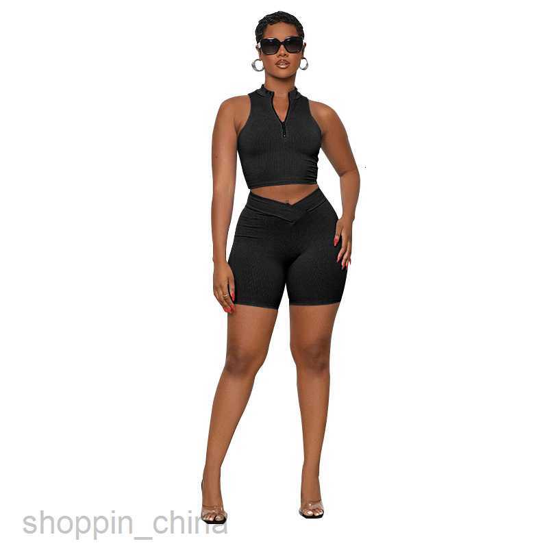Women's Tracksuits Fashion solid color sports jogging suit Summer New Solid Color Sleeveless Zipper Collar Open Navel Women Casual Shorts Set Set