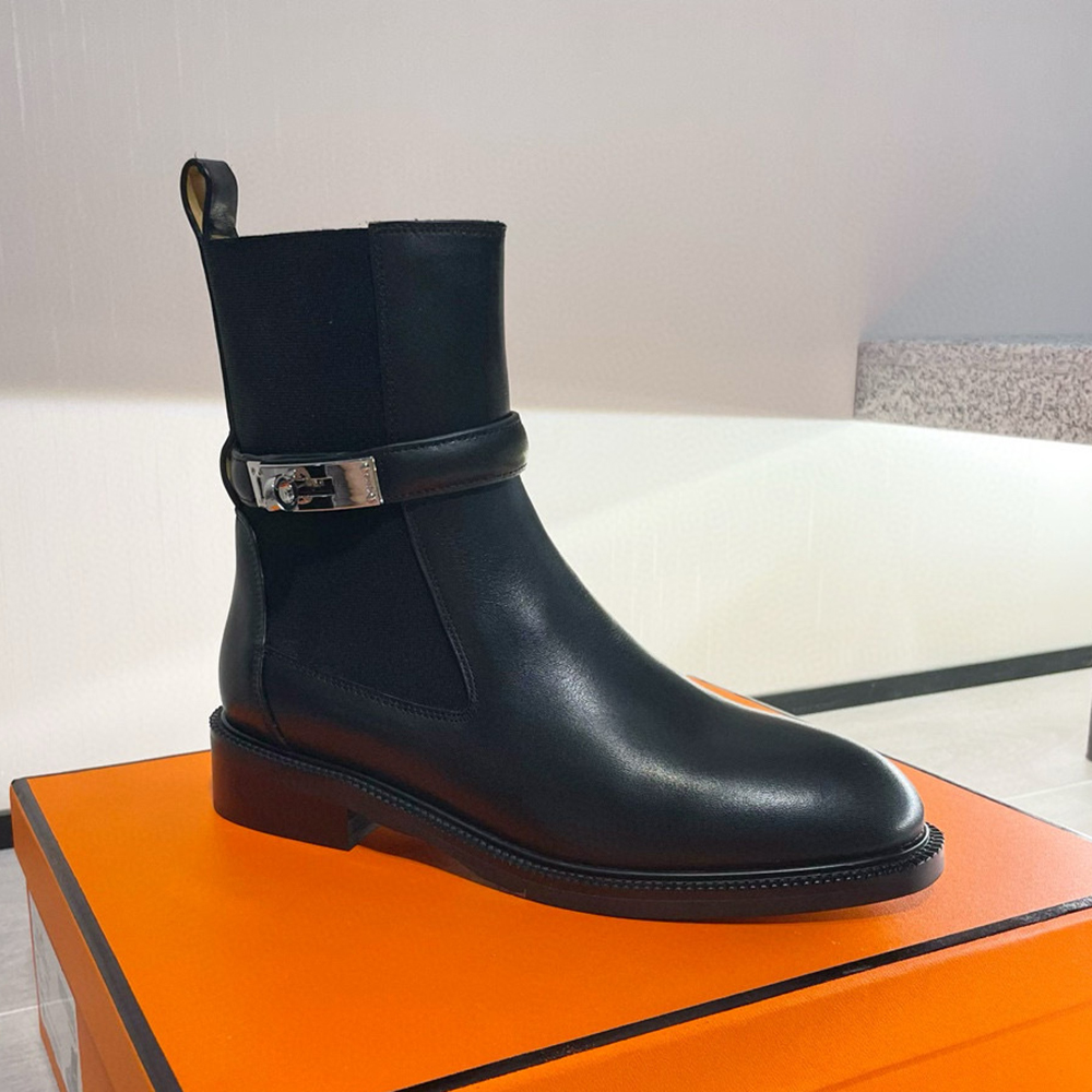 Top quality Buckle Black Calf Leather Famous brand Ankle Boots Classic Designer Boot Fashion Winter Women low-heeled Half Boots 35-41 With box