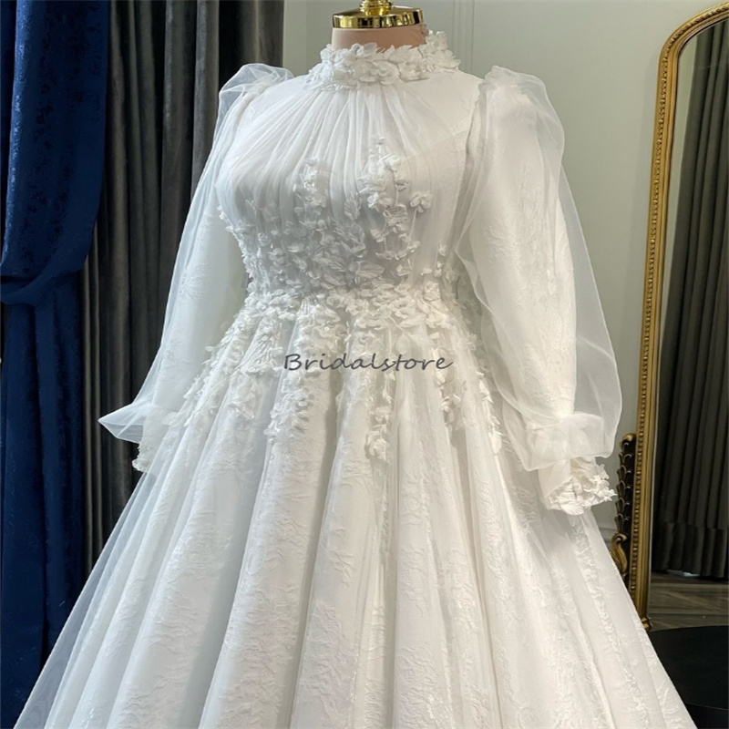 Elegant Arabic Muslim Wedding Dresses 2024 High Neck Appliques Lace Long Sleeve Islamic Bridal Dress Abaya Country Bride Dress Dubai Garden Church Rob