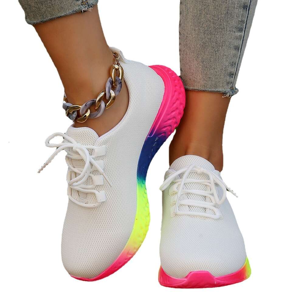 2023 Autumn Thick Sole Lace up Knitted Sports Women's Large Rainbow Elastic Casual Style Single Shoes ddmythur