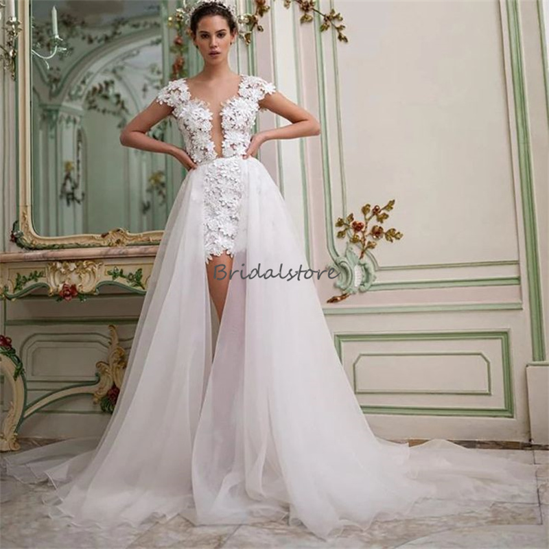 Celtic Gatsby Hi Low Wedding Dresses With Detachabla Train 2024 Flowers Backless Lace Boho Bridal Dress 2 In 1 Bohemian Bride Dress Cap Sleeve Country