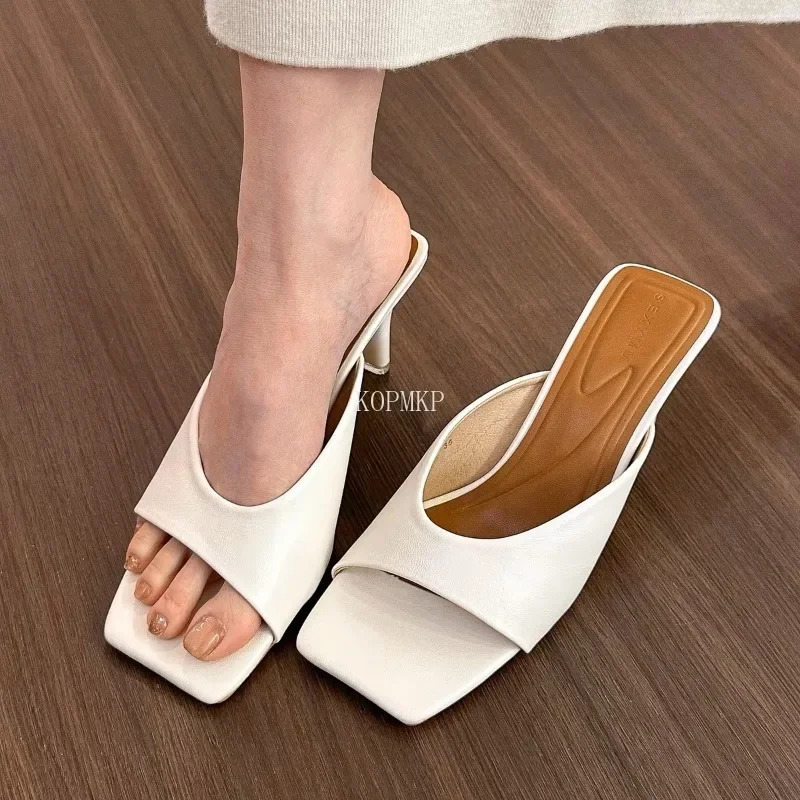 2024 New Fashion Summer Women Sandals Square Toe Ladies Heel Mules Sexy High Heels Sandal Slippers Female Designer Woman Shoes 240705