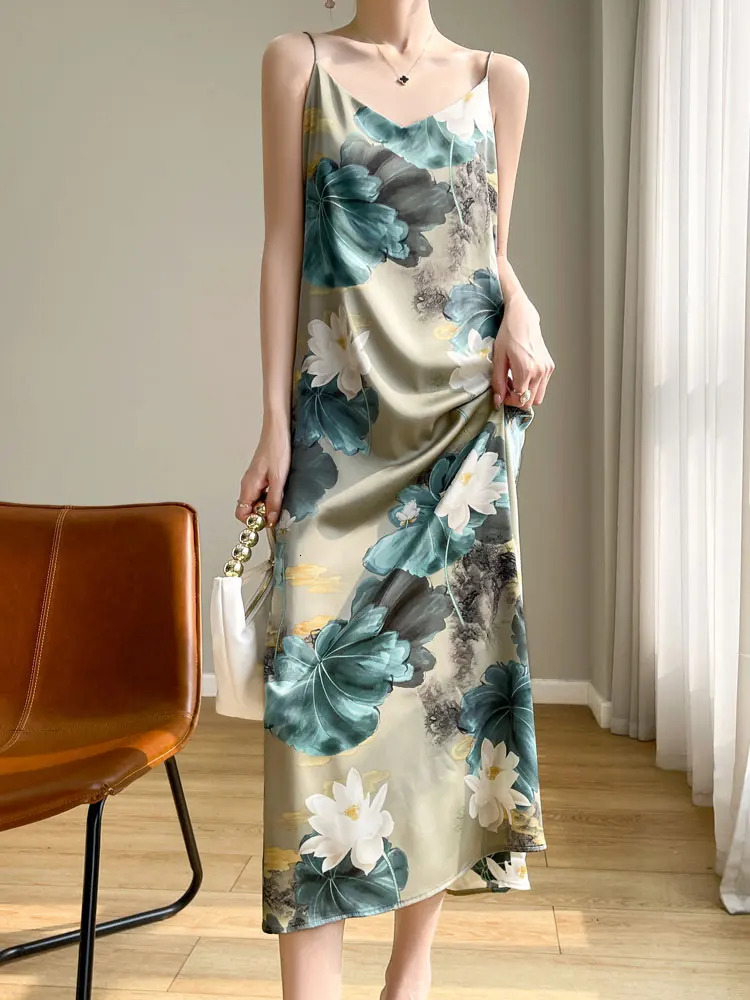 Spring and Summer Womens Dress Colorful Flower Suspender Skirt Satin Silky Dress Cool and Comfortable 240618