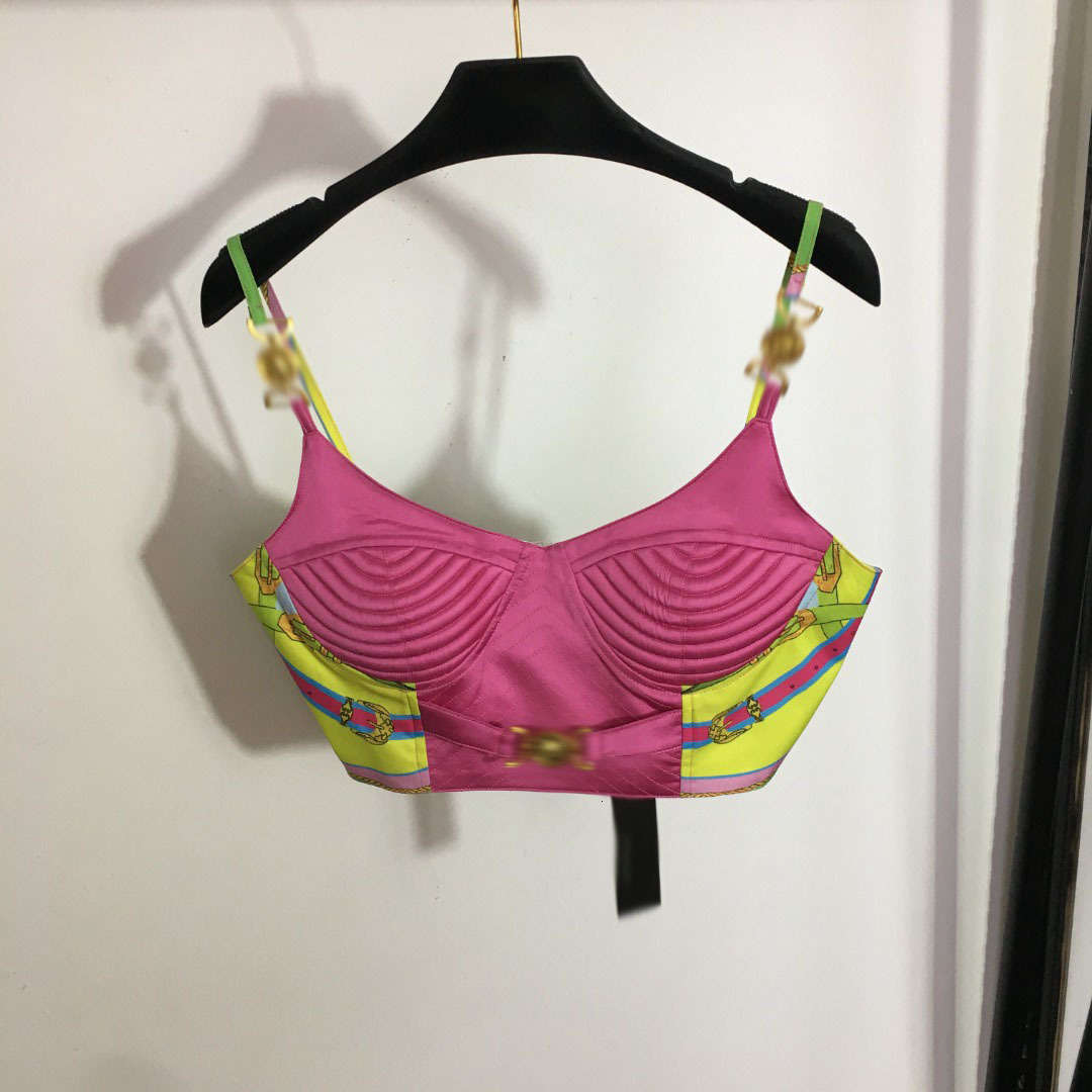 2024 Summer New Sweet and Dopamine Set Bra and Strap Top+Printed High Waist Pleated Short Skirt