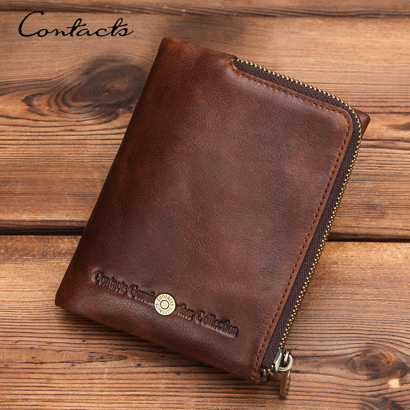 CONTACT'S Genuine Leather Wallets for Men Short Bifold Vintage Men's Wallet Luxury Brand Zip Coin Purses Card Holders Money Clip