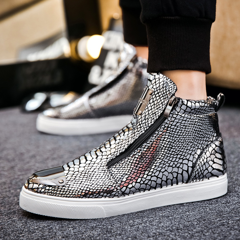 Fashion Silver Crocodile Skateboard Sneakers Men Mirrors Designer Mens Luxury Shoes Streetwear High Top Zip Men's Sports Shoes