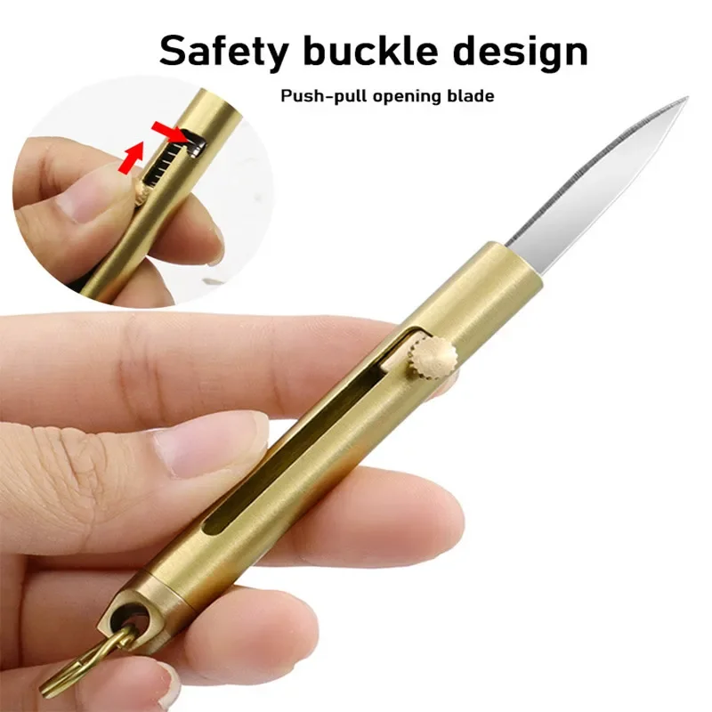 Unpacked Mini Brass Knife Portable Pocket Knife Push Pull Automatic Spring Fruit Knife Keychain Pendant Gift