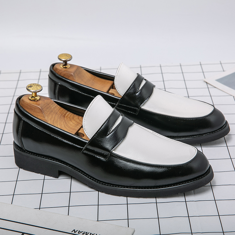 Luxury Brand Black and White Colorblock Loafers Men Slip-On Classic Style Casual Leather Shoes Thick Sole High Quality Moccasin