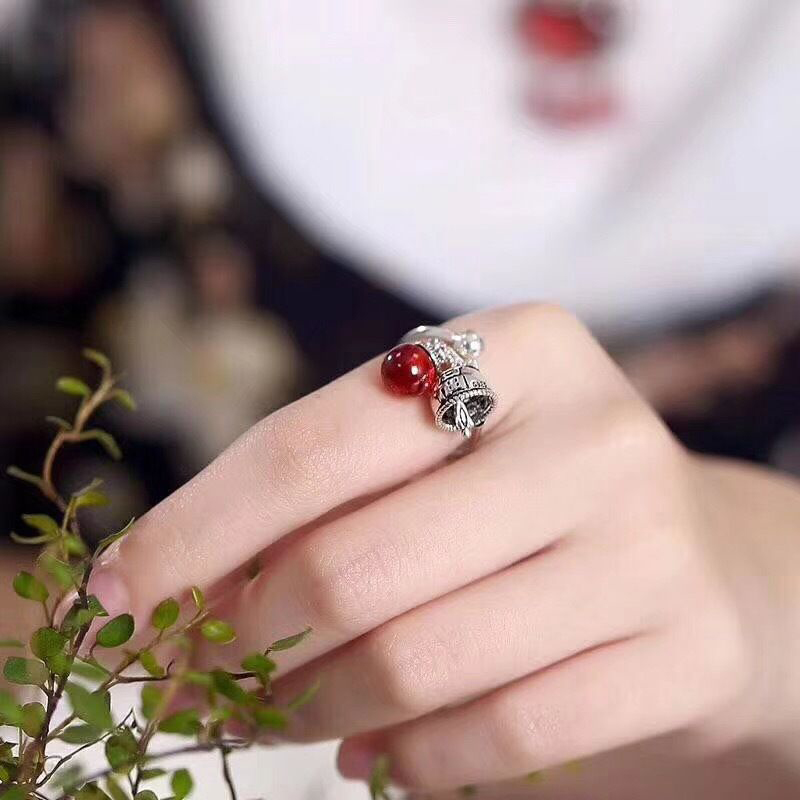 Japanese And Korean Trendy New Silver Retro Lucky Cat Bell Opening Adjustable Ring Female Index Finger Gift