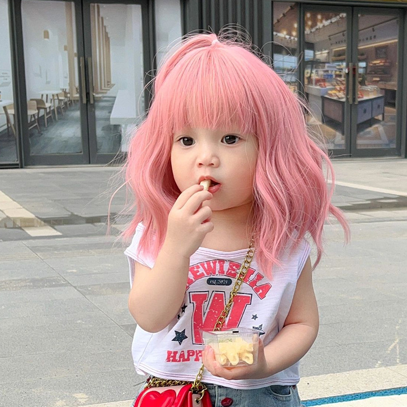 Children's Wig Girl Pink Medium Length Curly Hair Baby Bubble Face Hairstyle Baby Cute Reborn Doll Accessories Kids Head Cover