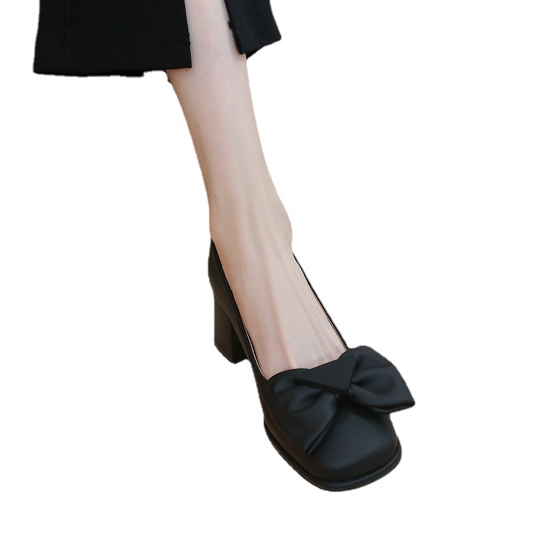 Bow square head shallow cut single shoes women thick heels Mary Jane women's shoes fashion women's small leather shoes