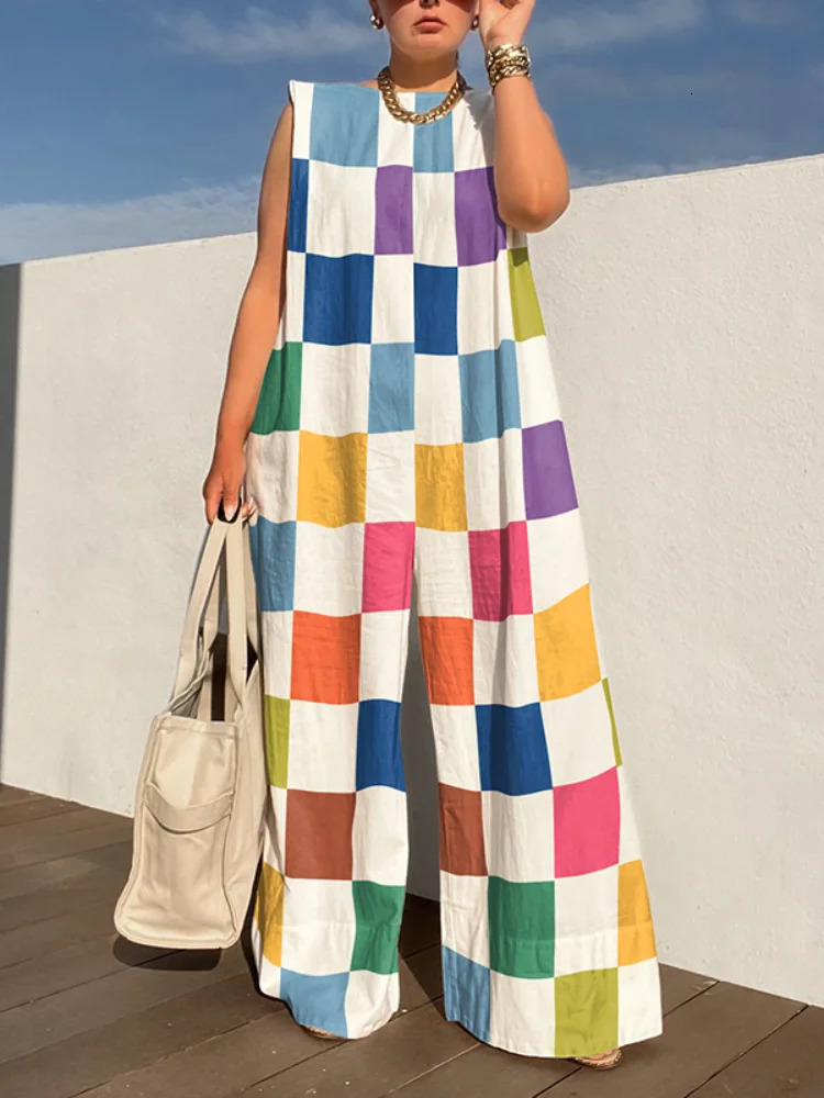Missuoo Summer Womens Jumpsuit Sleeveless Loose Oversized Wide Leg Pants Suit Colorful Plaid Casual Streetwear Overall 240618