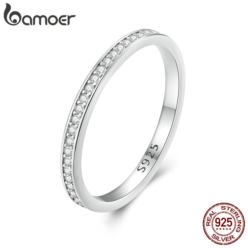 BAMOER Moissanite Wedding Band 925 Sterling Silver Eternity Rings Platinum Plated Lab Created Diamond Stackable Ring for Women