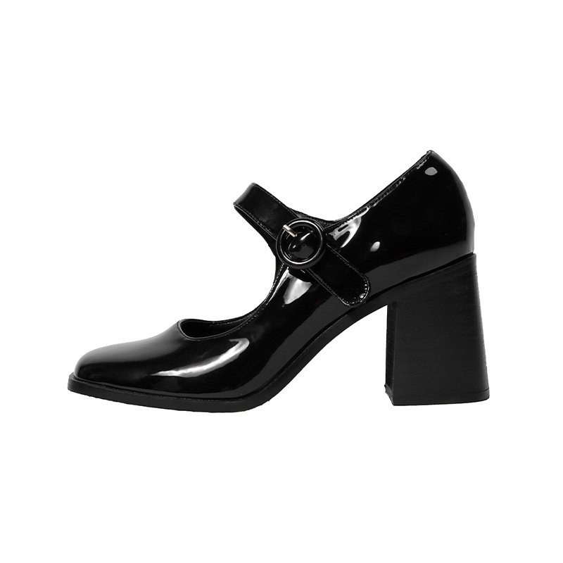 2025 NEW Jane Mary Retro British Style Hepburn Black High One Word Buckle Thick Heel Square Head Single Shoes Women d