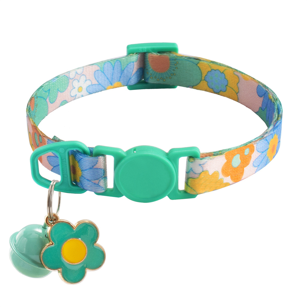 1.0cm Printed Pet Collar Adjustable Safety Buckle Cat Collar with Bell and Metal Flower Pendant for Cats and Puppy Pet Supplies