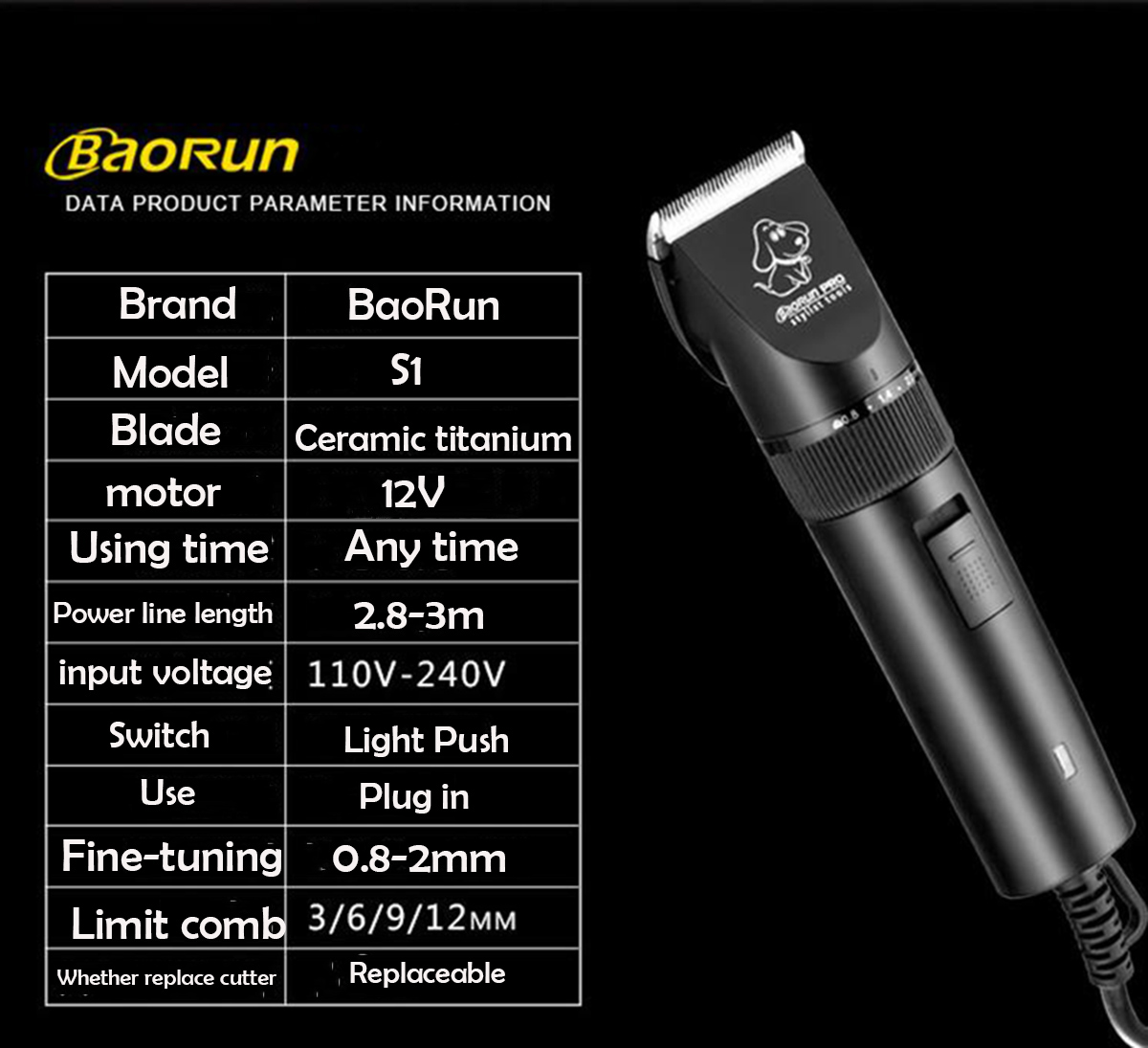 Baorun S1 Pet Large Dog Wool Clippers Hair Trimmer Animal Grooming Cat Cutters Horse Haircut Shaver Electric Push Shears Scissor