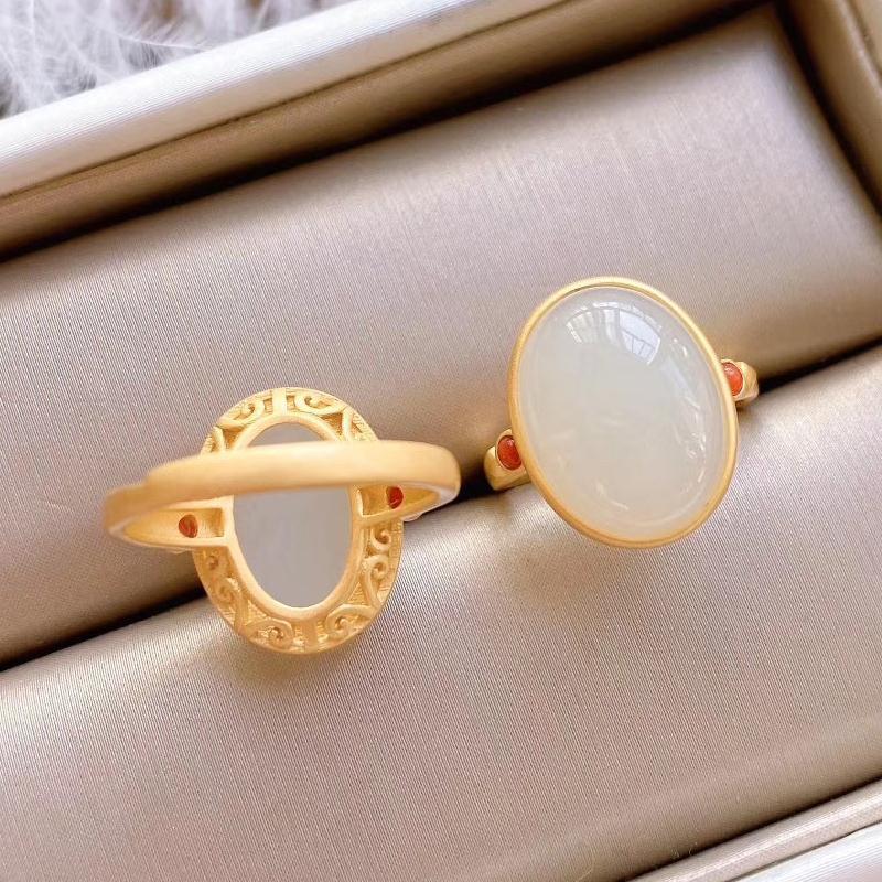 New Silver Inlaid Hetian Chalcedony Egg Face Big Ring Temperament Neutral Men And Women Models Opening Adjustable Brand Jewelry