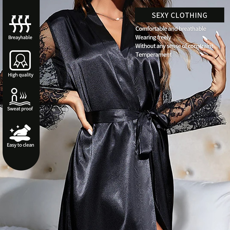Sexy Pajamas Sleepwear Lace Hollow Woman Lace Transparent Cardigan Nightclothes Blouse Long Nightgown