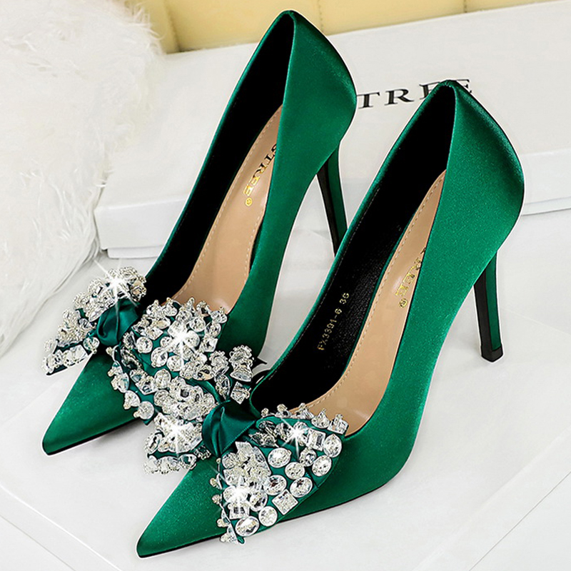 2024 Bow Knot Rhinestone Women Pumps Large Size 43 High Heels Luxury Banquet Shoes Stilettos Sexy Party Shoes Design Lady Heels