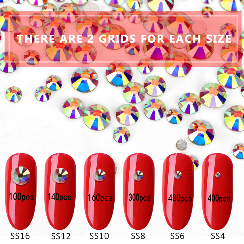 12Gird 3D Glass AB Crystal Nail Art Rhinestones Kit Flatback Round Bead Charm Gem Stones Jewelry Diamond with Tools for Nail Art