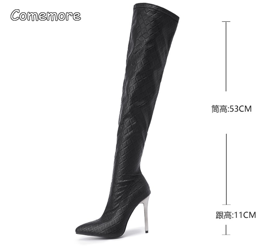 Comemore Women Thin Heel Pointed Toe Zipper Thigh High Boot Winter Nightclub Party Stripper Shoes Black Sexy Over The Knee Boots