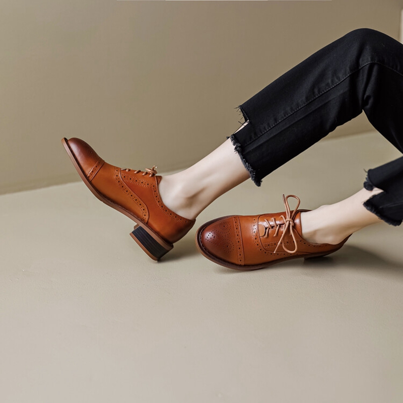 Women NEW Oxfords Spring/Fall Shoes for Woman Genuine Leather Brogues Vintage Lace up Loafers casual Handmade New Black Girls shoes ca22