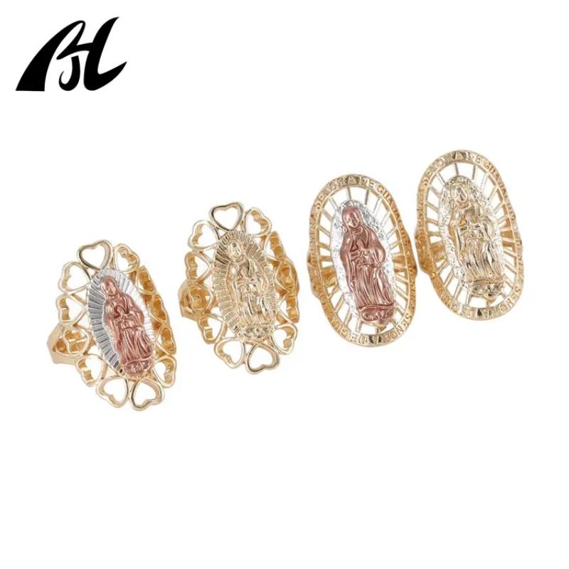 2023 The latest design of religious jewelry ring Oro Laminado Gold Plated 14k Virgin of Guadalupe Tricolor