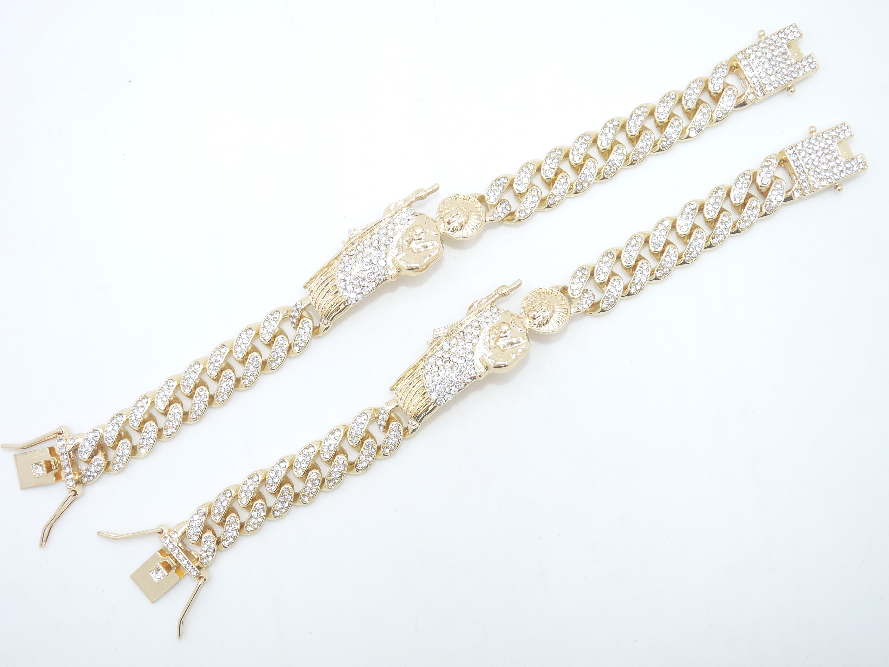 Gorgeous Rhinestone Gold Plated Color Cuban Chain St. Jude San Judas Bracelet